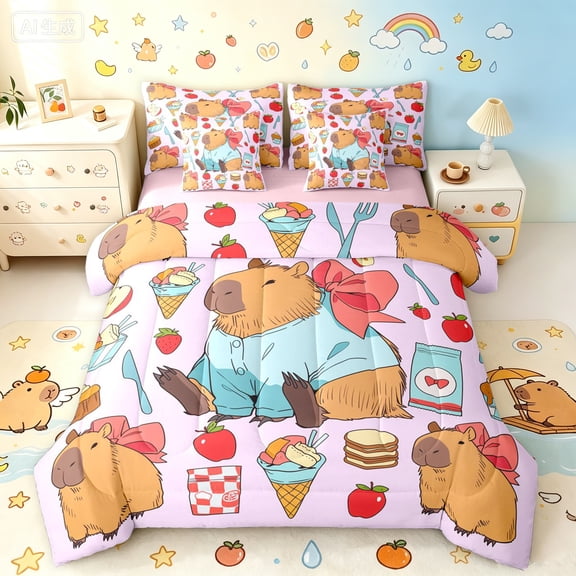 Manfei Bowknot Capybara Full Size Bedding Sets, Cute Dessert Animal Full Size Bed in a Bag, Pink, Pink Reversible, 7-Piece