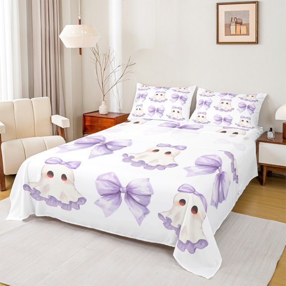 Feelyou Bowknot Ghost Bed Sheets, Cute Halloween King Sheets, Kawaii Princess Cartoon Sheet Set, Ultra Soft Bedroom Decoration, 4pcs