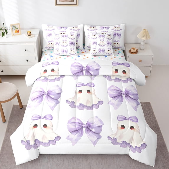 Feelyou Bowknot Ghost Bedding Comforter Set 7 Pieces, Cute Halloween Full Bedding Set, Kawaii Princess Cartoon Fitted Sheet Flat Sheet, Ultra Soft Bedroom Decoration