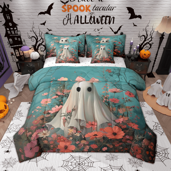 Manfei Bowknot Ghost Bedding Comforter Set 7pcs for Girls, Colorful Garden Floral Full Bedding Set, Happy Halloween Theme Fitted Sheet Flat Sheet, Breathable Home Decor
