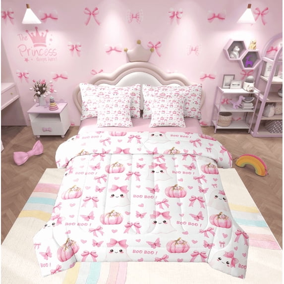 Manfei Bowknot Ghost Bedding Queen Size, Boo Halloween Bed Set, Teenager Boys Girls Reversible Bedding Sets Queen Size, Lightweight Bedroom Decoration, 7pcs
