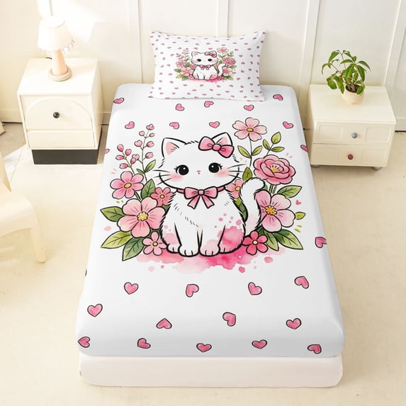 Manfei Bowknot Kitten Twin Fitted Sheet, Cartoon Blossoms Flower Bedding, Pink, 2 Pieces, 1 Fitted Sheet and 1 Pillowcase