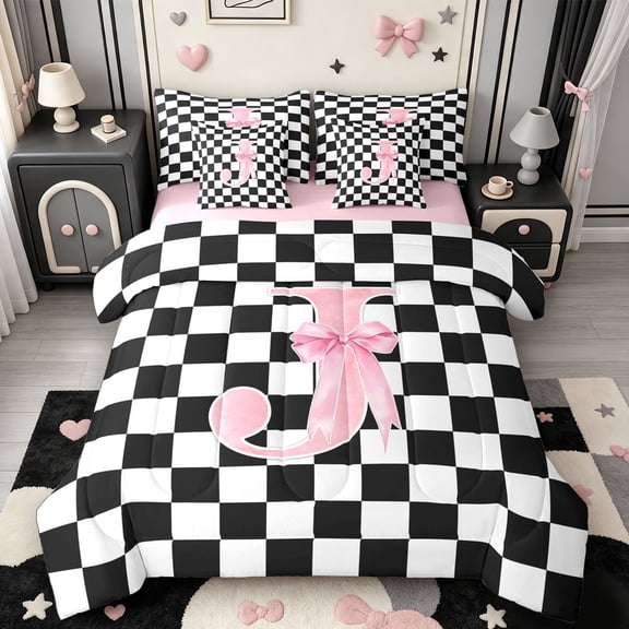Manfei Bowknot Monogram Print J 7-Piece Twin Bedding,Pixel Geometric Checkered Bedding Comforter Set,Pink Reversible
