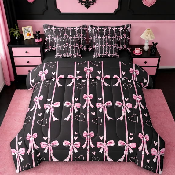 Manfei Bowknot Ribbon 7-Piece Twin Bedding Sets,Cartoon Bow Tie Bedding Comforter Set,Pink Black Sheet Sets For Girls,Microfiber Bedroom Decor Reversible