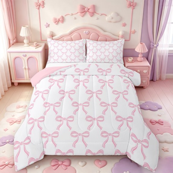 Manfei Bowknot Ribbon Full Size Comforter Sets,Simple Bow Print Bedding Comforter Set,Pink Reversible,3pcs,1 Comforter and 2 Pillowcases