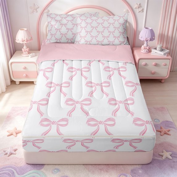 Manfei Bowknot Ribbon Zipper Twin Comforter Sets with Fitted Sheet and 2 Pillowcases,Simple Bow Print Zipper Bedding Set,Pink Reversible,4 Pieces