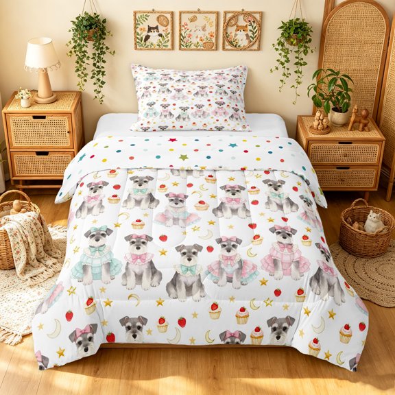Manfei Bowknot Schnauzer Twin Comforter Sets, Strawberry Cupcake Bedding Set, Pastel Blue Pink, Polkadot Reversible, 2 Pieces, 1 Comforter and 1 Pillowcase