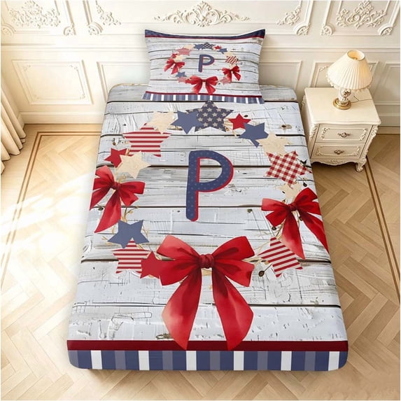 Monogramen Manfei Bowknot Stars Monogrammed P Fitted Sheet Queen,Retro Farmhouse ...