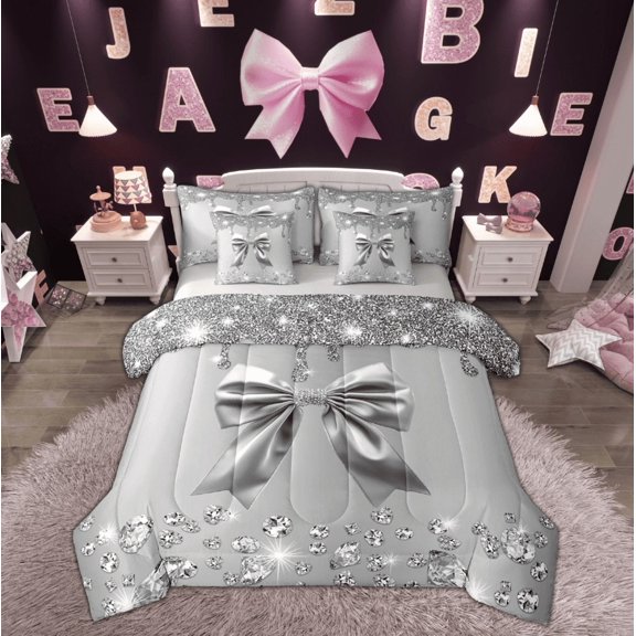 Feelyou Bowknot Twin Bedding Sets 7-Piece for Teens, Cartoon Bow-tie Bedding Comforter Set, Grey Sequin Print Sheet Sets, Breathable Room Decor
