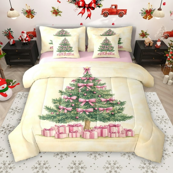 Manfei Bowknot Xmas Tree 7-Piece Twin Bedding Sets for Teen, Dreamy Fairy Tale Bedding Comforter Set, Merry Christmas Reversible Sheet Sets, Microfiber Bedroom Decor