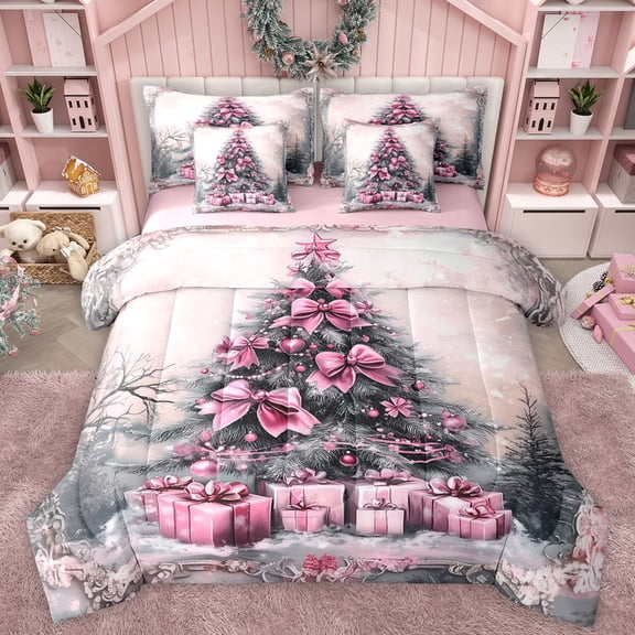 Manfei Bowknot Xmas Tree Bedding Comforter Set 7 Pieces for Kids, Dreamy Santa Claus Gift Full Bedding Set, Retro Western Festival Reversible Fitted Sheet Flat Sheet, Microfiber Bedroom Decor
