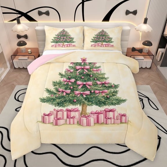Manfei Bowknot Xmas Tree Bedding Comforter Set for Teen, Dreamy Fairy Tale Twin Comforter Sets, Merry Christmas Reversible Bedding Set, Microfiber Bedroom Decor, 2-Piece