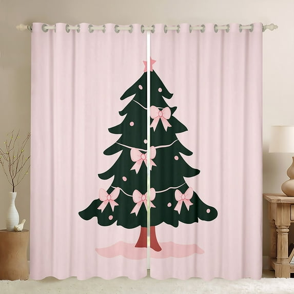 Manfei Bowknot Xmas Tree Black Out Curtains for Kids, Kawaii Pink Princess Ribbon Curtains Pack of 2 (42x63 Each), Merry Christmas Bedroom Curtains, Curtains and Drapes Home Decor