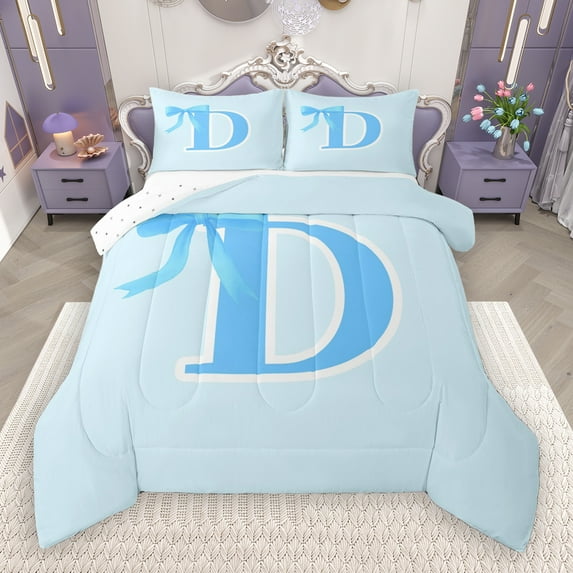 Manfei Bowtie Letter D Full Size Comforter Sets,Bowknot Monogrammed Theme Bedding Comforter Set,Blue Cartoon Bow Knot Bedding Sets For Girl Teens,Ultra Soft Bedroom Decor Reversible,3-Piece