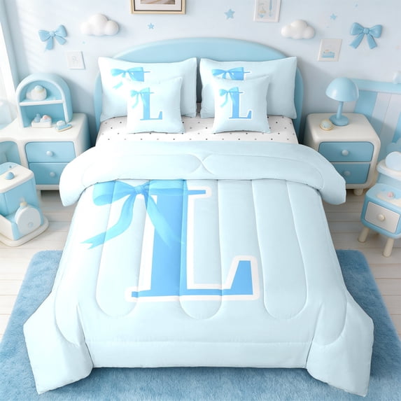 Manfei Bowtie Letter L 7 Pieces Bedding Comforter Set,Bowknot Monogrammed Theme Full Bedding Set,Blue Cartoon Bow Knot Fitted Sheet Flat Sheet For Girl Teens,Ultra Soft Bedroom Decor Reversible