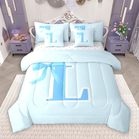 Manfei Bowtie Letter L 7 Pieces Bedding Comforter Set,Bowknot Monogrammed Theme Full Bedding Set,Blue Cartoon Bow Knot Fitted Sheet Flat Sheet For Girl Teens,Ultra Soft Bedroom Decor Reversible