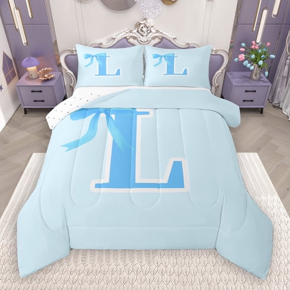 Manfei Bowtie Letter L Bedding Comforter Set,Bowknot Monogrammed Theme Twin Comforter Sets,Blue Cartoon Bow Knot Bedding Set For Girl Teens,Ultra Soft Bedroom Decor Reversible,2 Pieces