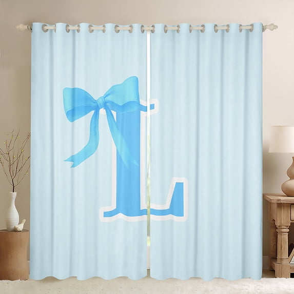 Manfei Bowtie Letter L Blackout Curtains Set of 2 (52x84 Each),Bowknot Monogrammed Theme Window Curtains,Blue Cartoon Bow Knot Curtains and Drapes For Girl Teens,Ultra Soft Bedroom Decor