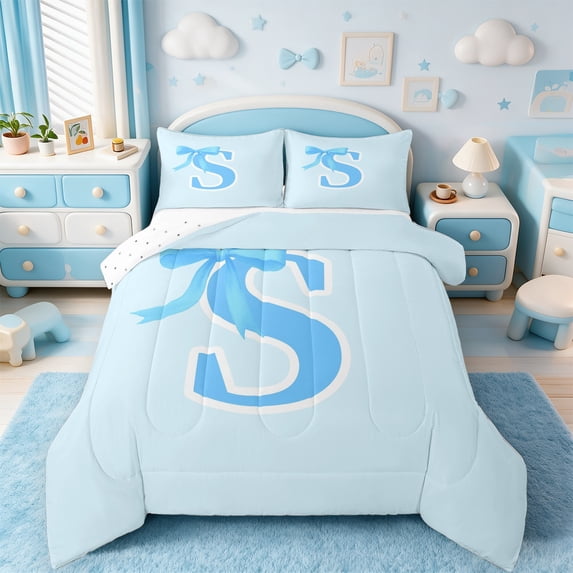 Manfei Bowtie Letter S Bedding Comforter Set,Bowknot Monogrammed Theme Twin Comforter Sets,Blue Cartoon Bow Knot Bedding Set For Girl Teens,Ultra Soft Bedroom Decor Reversible,2-Piece