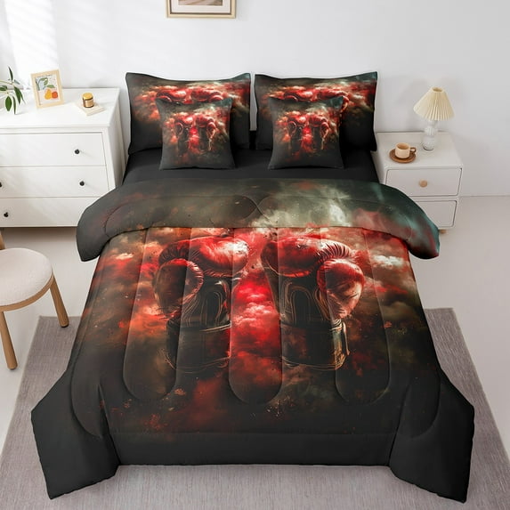 Manfei Boxing Bedding Comforter Set 7 Pieces,Pugilism Games Queen Bedding Sets,Red Sports Gloves Queen Sheet Sets,Breathable Room Decoration Reversible