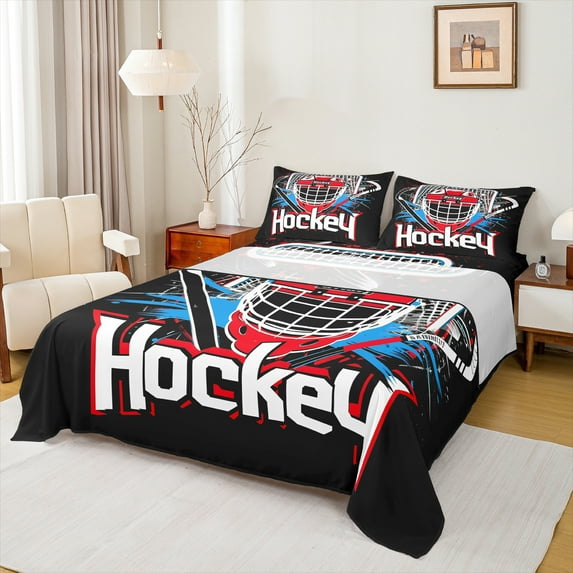 Manfei Boye Hoskey Helmet Full Size Sheets,Watercolor Splashing Ink Bed Sheets,Red Black Blue Sheet Sets For Boys Kids,Luxury Bedroom Decor,4-Piece