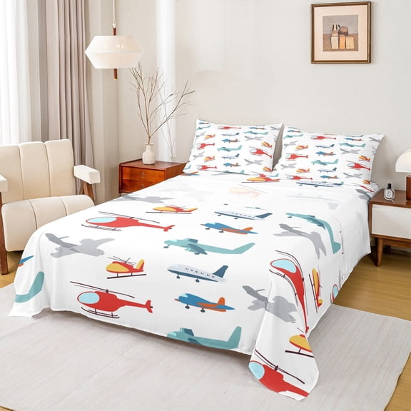 Manfei Boys Aircraft Helicopter Full Size Sheets, Airplane Plane Bed Sheets, Cartoon Vehicle Sheet Sets, Microfiber Bedroom Decor, 4 Pieces