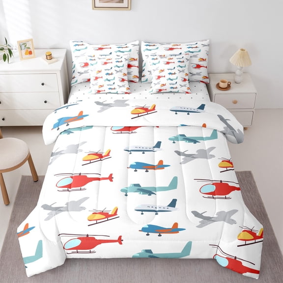 Manfei Boys Aircraft Helicopter Twin Bedding Sets 7-Piece, Airplane Plane Bedding Comforter Set, Cartoon Vehicle Reversible Sheet Sets, Microfiber Bedroom Decor