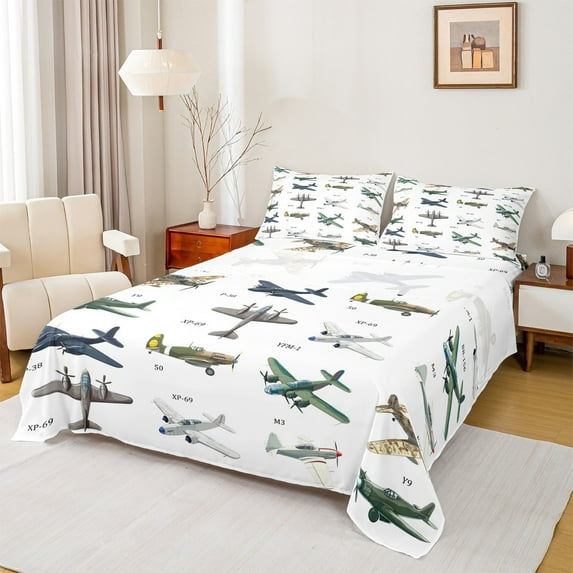Manfei Boys Airplane Full Size Sheets, Plane Aircraft Bed Sheets, Transportation Theme Sheet Sets, Luxury Bedroom Decor 4-Piece