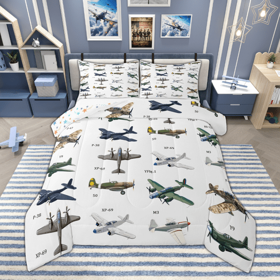Manfei Boys Airplane Queen Comforter Set, Plane Aircraft Bedding Sets, Transportation Theme Bedding Comforter Set, Luxury Bedroom Decor Reversible 3pcs