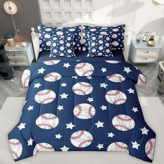 Manfei Boys Ball Game 7-Piece Twin Bedding Sets,Baseball Lovers Bedding Comforter Set,Blue White Sheet Sets For Boys Kids,Microfiber Bedroom Decor Reversible