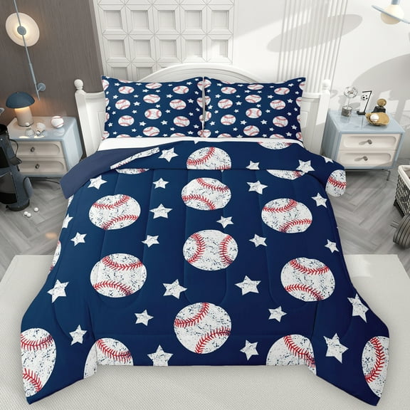 Manfei Boys Ball Game Bedding Comforter Set,Baseball Lovers Twin Comforter Sets,Blue White Bedding Set For Boys Kids,Microfiber Bedroom Decor Reversible,2 Pieces