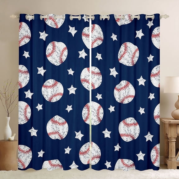 Manfei Boys Ball Game Black Out Curtains,Baseball Lovers Curtains Pack of 2 (42x63 Each),Blue White Bedroom Curtains For Boys Kids,Microfiber Bedroom Decor