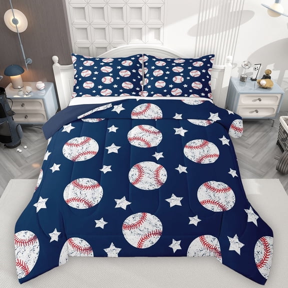 Manfei Boys Ball Game Full Size Comforter Sets,Baseball Lovers Bedding Comforter Set,Blue White Bedding Sets For Boys Kids,Microfiber Bedroom Decor Reversible,3pcs