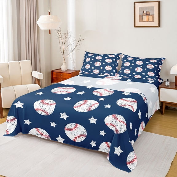 Manfei Boys Ball Game Full Size Sheets,Baseball Lovers Bed Sheets,Blue White Sheet Sets For Boys Kids,Microfiber Bedroom Decor,4pcs