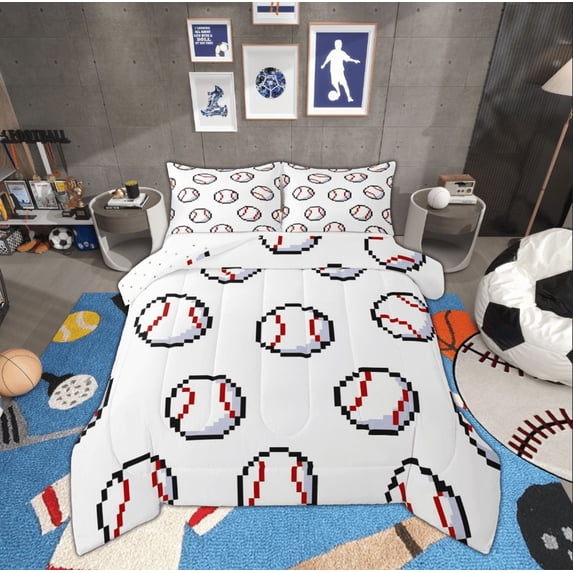 Manfei Boys Baseball Print Queen Comforter Set, Sport Player Bedding Comforter Set, Cartoon Ball Game Reversible Bedding Set, Ultra Soft Home Decor, 3pcs