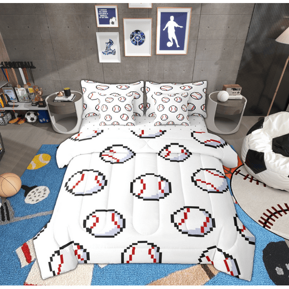 Manfei Boys Baseball Print Twin Bedding Sets 7-Piece, Sport Player Bedding Comforter Set, Cartoon Ball Game Reversible Sheet Sets, Ultra Soft Home Decor