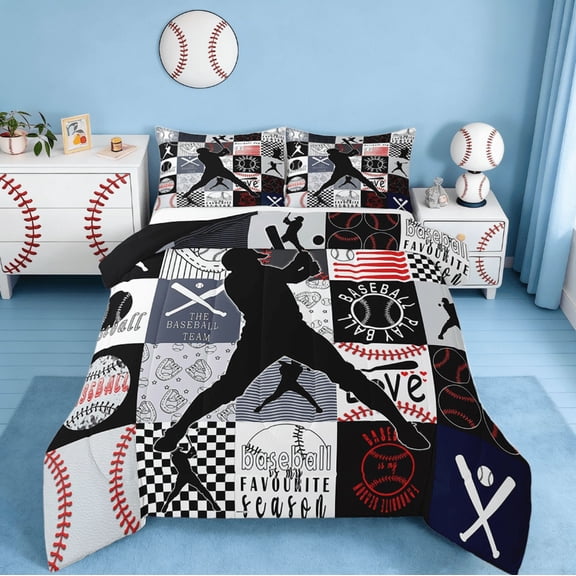 Manfei Boys Baseball Queen Comforter Set,Ball Sports Baseball Games Bedding Comforter Set For Teen European Softball Player Fan Reversible 3 Pieces