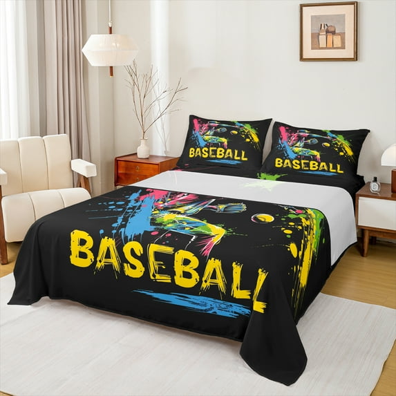 Manfei Boys Baseball Twin Sheet Sets,Sport Theme Twin Fitted Sheet,Colorful Splash Ink Flat Sheet For Kids,Luxury Bedroom Decor,3 Pieces