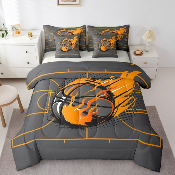 Manfei Boys Basketball 7 Pieces Bedding Comforter Set,Sport Theme Full Bedding Set,Orange Gray Fitted Sheet Flat Sheet For Teens,Super Cozy Room Decor Reversible