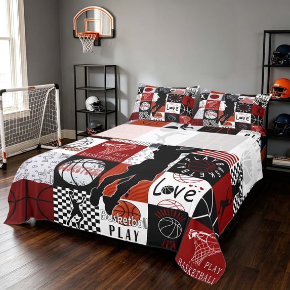 Manfei Boys Basketball Bed Sheets, Sport Plaid Full Size Sheets, Black Red 03 4-Piece(1 Flat Sheet, 1 Fitted Sheet and 2 Pillowcases)