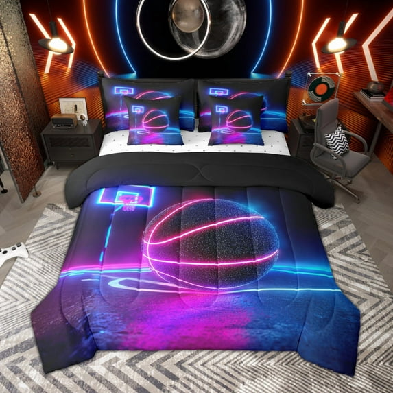 Manfei Boys Basketball Bedding Comforter Set, Teens Sports Full Bedding Set, Pink Blue Gradient Basketball Court Fitted Sheet Flat Sheet, Luxury Bedroom Decor Reversible 7 Pieces