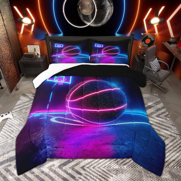 Manfei Boys Basketball Bedding Comforter Set, Teens Sports Twin Comforter Sets, Pink Blue Gradient Basketball Court Bedding Set, Luxury Bedroom Decor