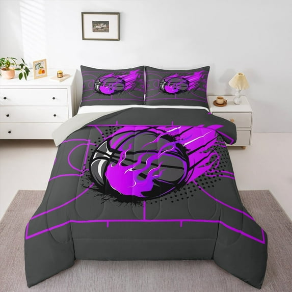Manfei Boys Basketball Full Size Comforter Sets,Sport Theme Bedding Comforter Set,Purple Gray Bedding Sets For Teens,Super Cozy Room Decor Reversible,3pcs