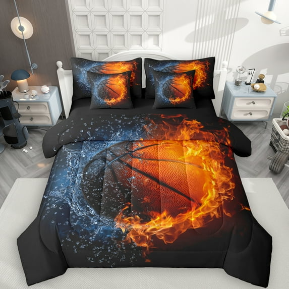 Manfei Boys Basketball Lover 7pcs Bedding Comforter Set, Modern Sport Player Queen Bedding Sets, Modern Ball Game Reversible Queen Sheet Sets, Microfiber Bedroom Decor