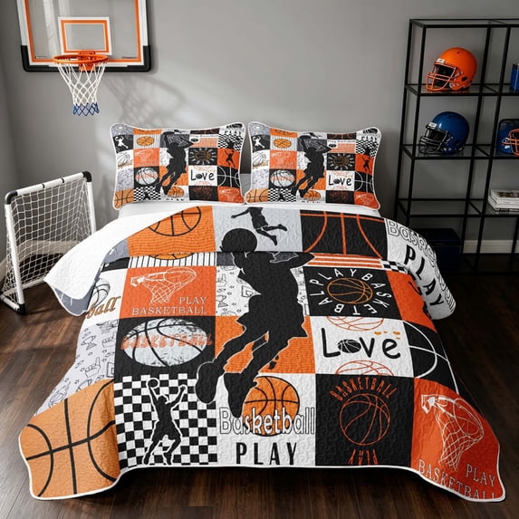 Manfei Boys Basketball Quilt King, Sport Patchwork King Coverlet Set, Black Orange, Black Reversible 3 Pieces, 1 Bedspread and 2 Pillowcases