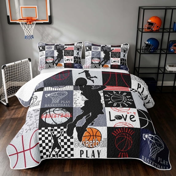 Manfei Boys Basketball Twin Quilt Set, Sport Plaid Twin Coverlet Set, Black Red, Black Reversible 2-Piece, 1 Bedspread and 1 Pillowcase