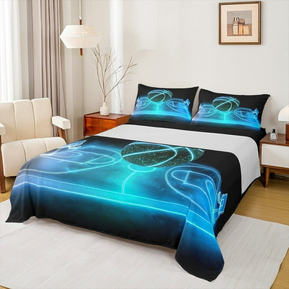 Manfei Boys Basketball Twin Sheet Sets, Teens Sports Twin Fitted Sheet, Cyan Blue Gradient Basketball Court Flat Sheet, Super Cozy Room Decor3 Pieces