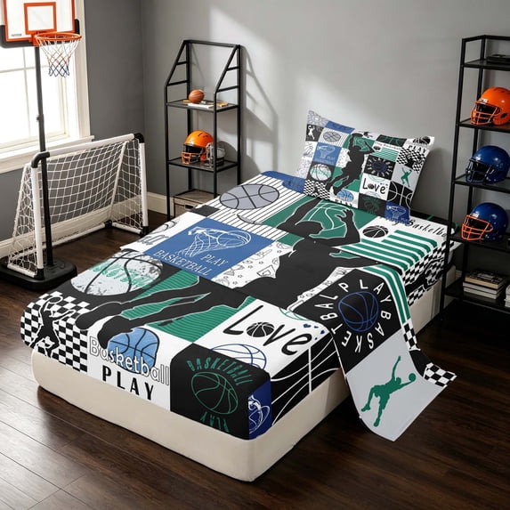 Manfei Boys Basketball Twin Sheets, Sport Checkered Bedding, Navy Green 3pcs(1 Flat Sheet, 1 Fitted Sheet and 1 Pillowcase)