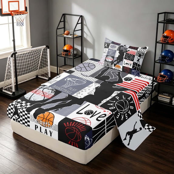 Manfei Boys Basketball Twin Sheets, Sport Plaid Bedding, Black Red 3-Piece(1 Flat Sheet, 1 Fitted Sheet and 1 Pillowcase)