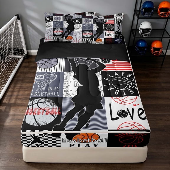 Manfei Boys Basketball Zipper Twin Comforter Sets with Fitted Sheet and 2 Pillowcases, Sport Plaid Zipper Bedding Set, Black Red